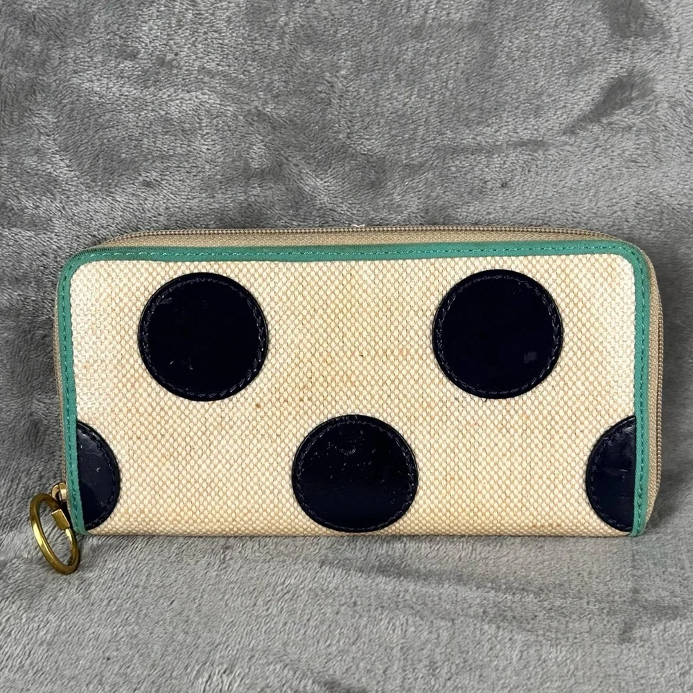 Fossil Zip‎ Around Woven Canvas Wallet Polka Dots Beige Tan With Turquoise Flaws